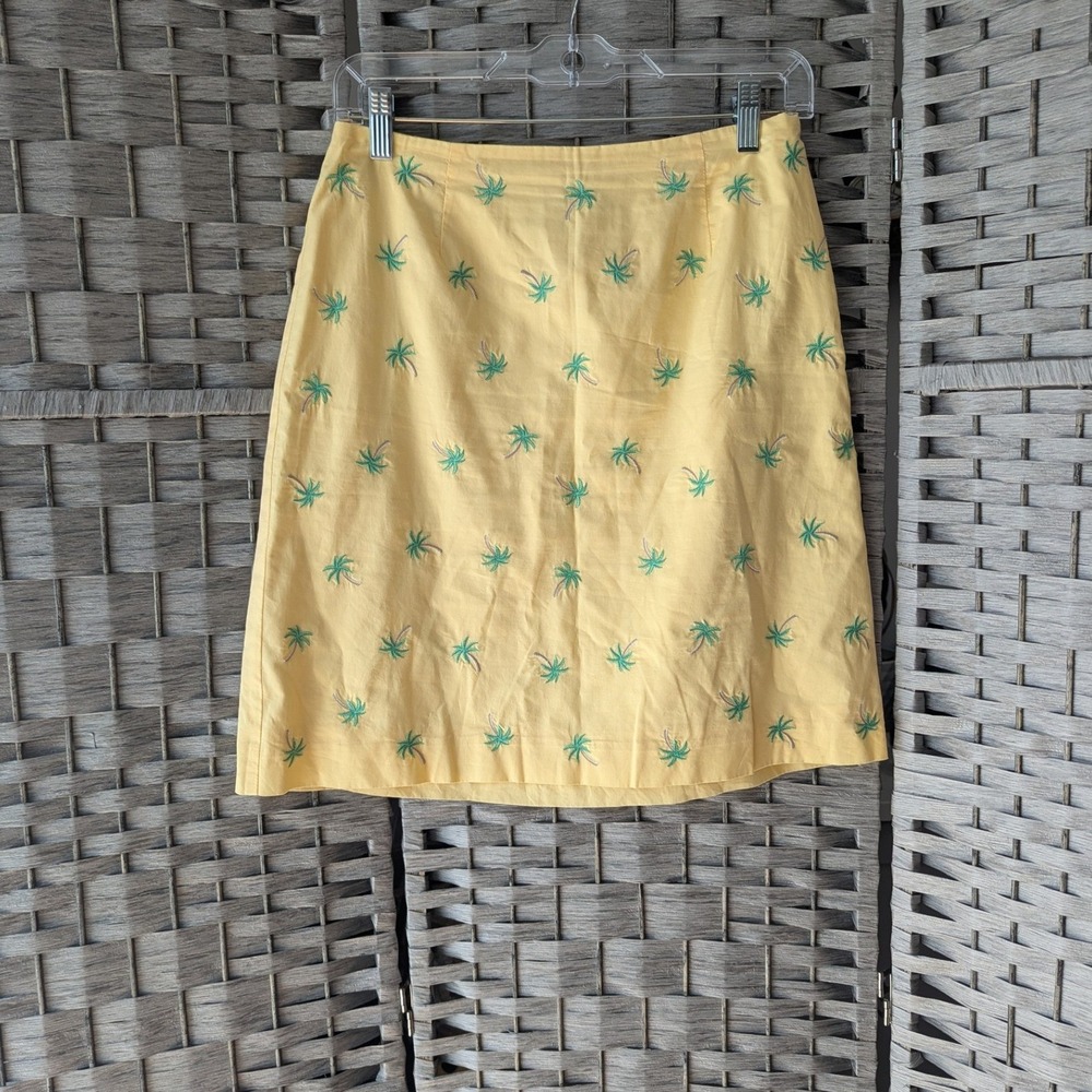 Vtg Talbots Skirt Yellow Palm Tree Embroidered Cotton Sz 4P Resortwear Tropical